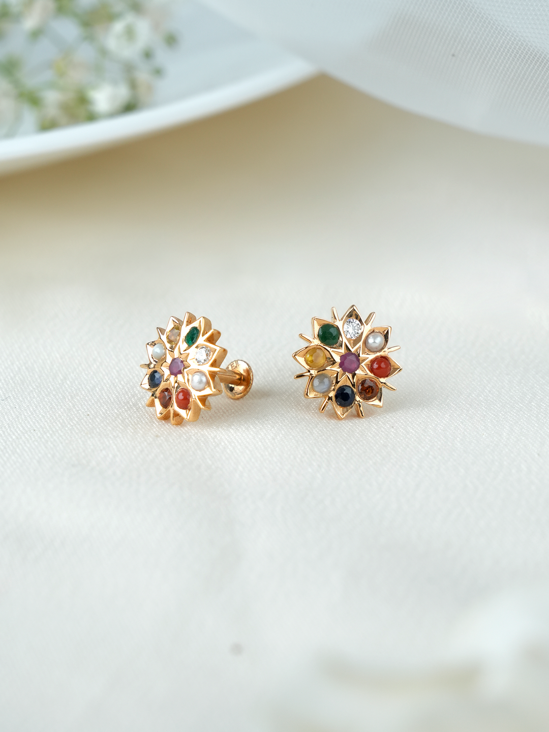 Navaratna Floral Diamond Stud