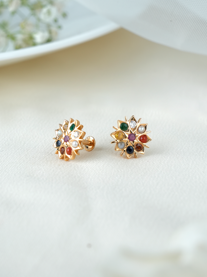 Navaratna Floral Diamond Stud